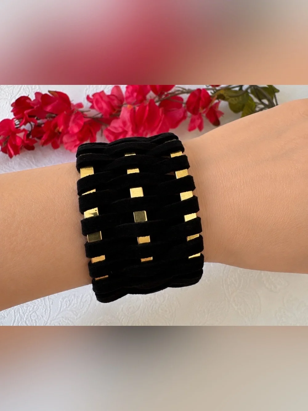 Victoria's Secret Black Velvet Braided Bracelet Jewelry Goldtone Cuff Bangle NEW